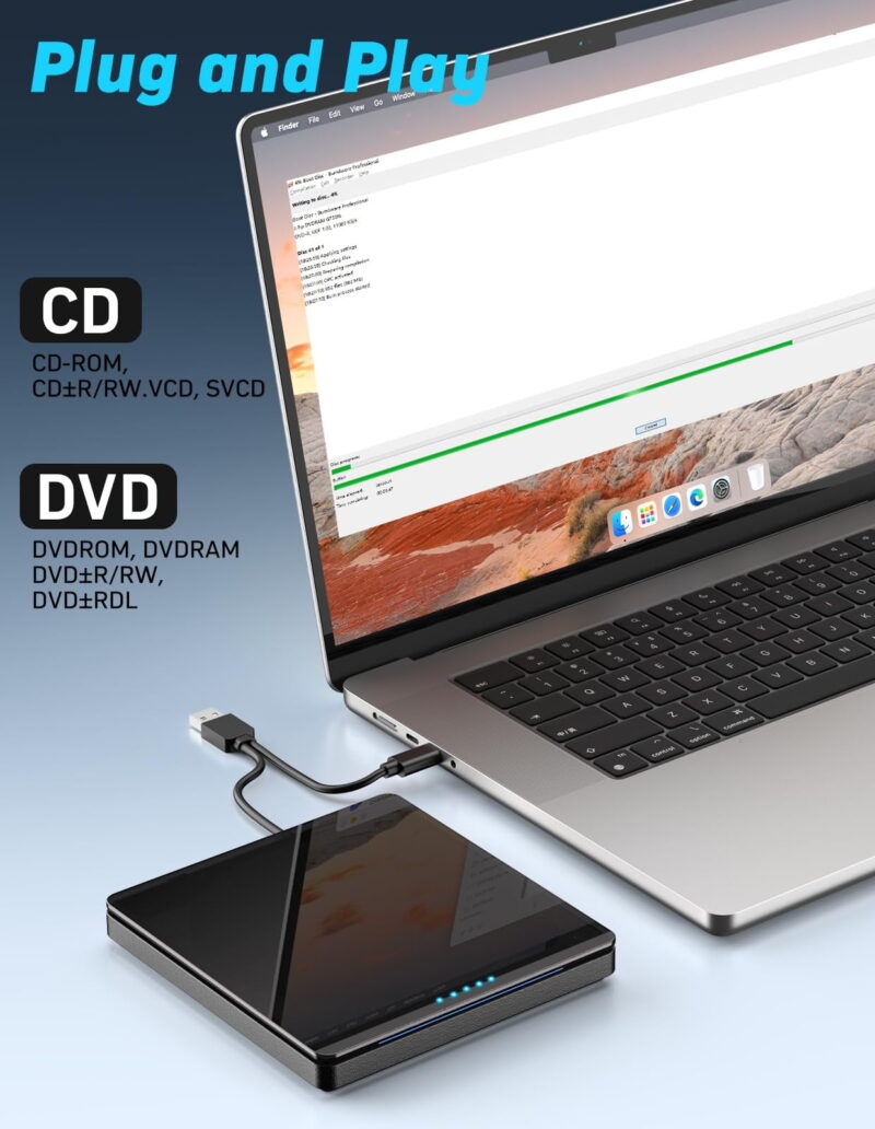 External CD/DVD Drive for Laptop,CD Burner Clamshell Portable Reader Writer Optical Disk Drive, DVD Player for Laptop +/-RW USB 3.0,External DVD Drive for PC Windows Linux Mac - Image 3