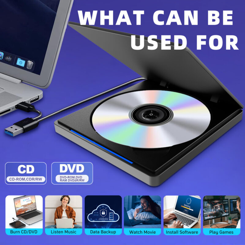 External CD/DVD Drive for Laptop, DVD Player for Laptop, Clamshell Portable Reader Writer, CD Burner External Disk Drive Optical Compatible with Desktop Mac,Windows 11/10/8/7 Linux - Image 2