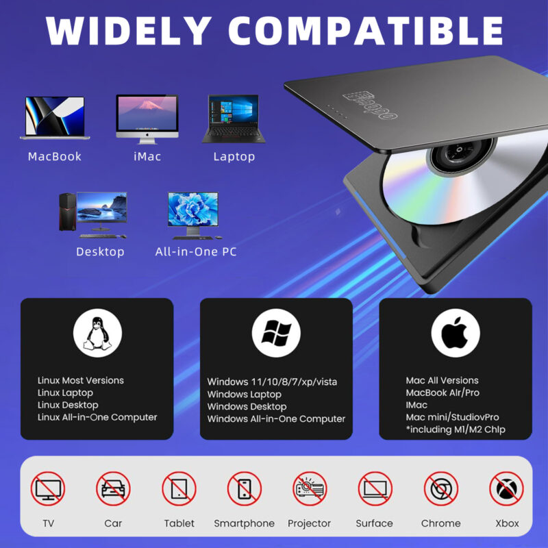 External CD/DVD Drive for Laptop, DVD Player for Laptop, Clamshell Portable Reader Writer, CD Burner External Disk Drive Optical Compatible with Desktop Mac,Windows 11/10/8/7 Linux - Image 7